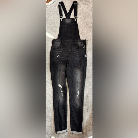 bebe Denim - bebe Black Distressed Stretch Skinny Overall Jeans
